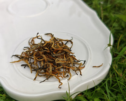 白色瓷盤上的昔歸普洱熟茶展示。包含一小堆散茶葉。背景為模糊的綠色草地。昔歸普洱熟茶葉。